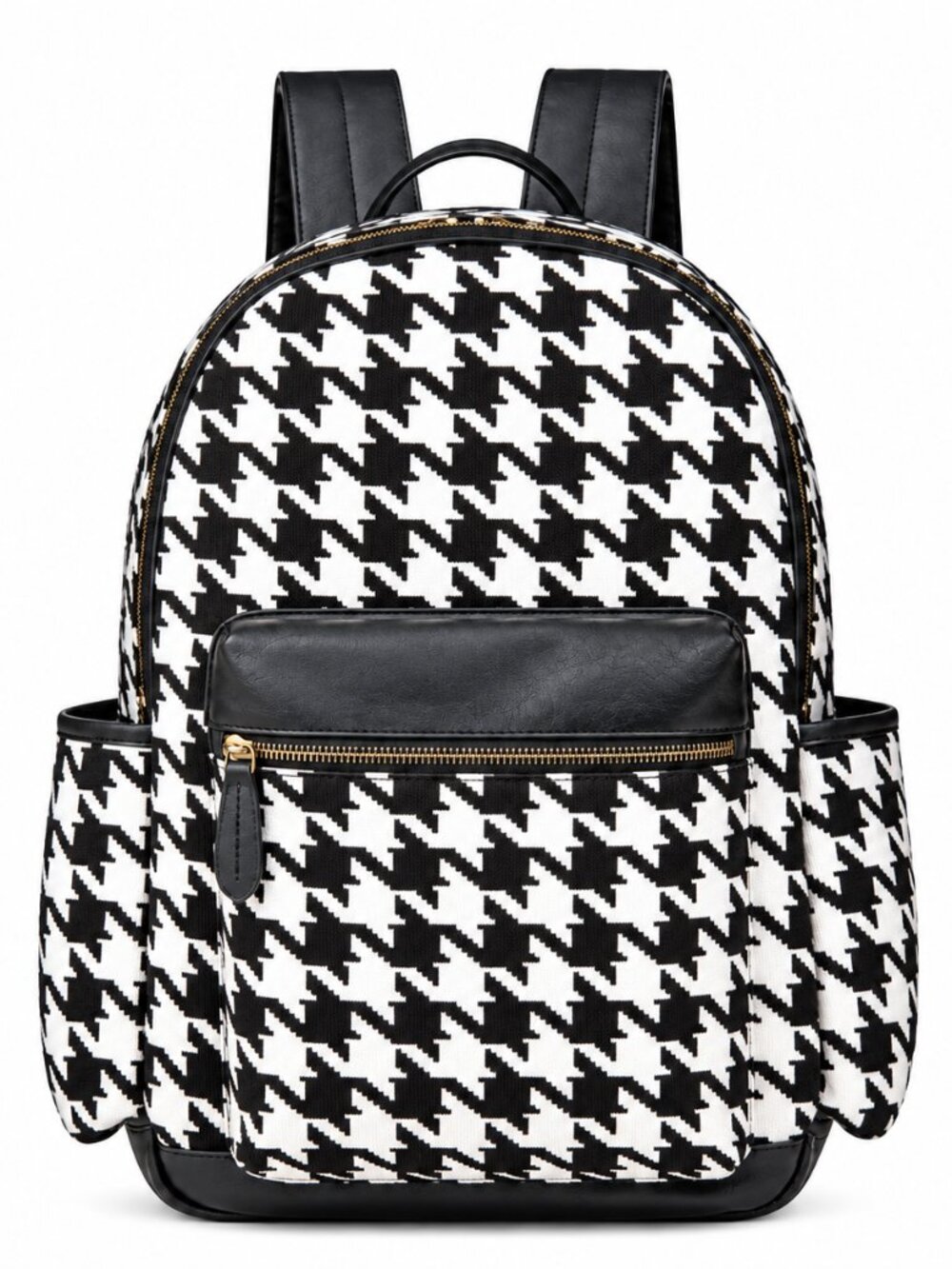Houndstooth Backpack Black White Jacquard Leather Trim Laptop Travel Bag